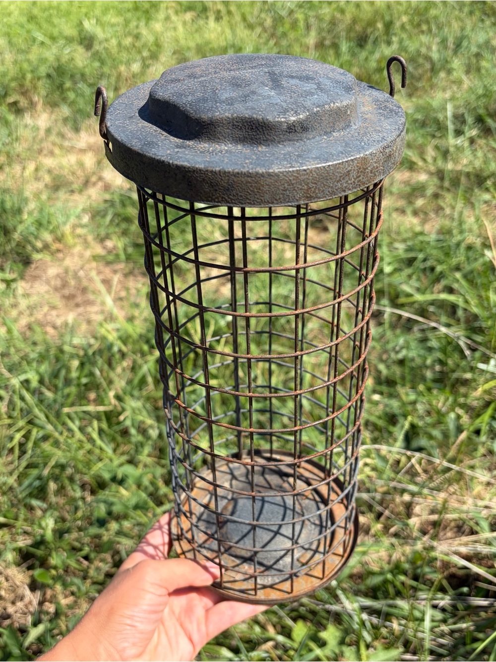 Vintage Metal Rusted Hanging Bird Feeder Wire Cage 13" Tall No Insert